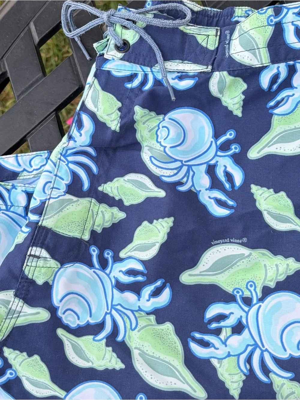 Vineyard Vines Navy Blue Swim Shorts with Light Blue & Seafoam Shell Print